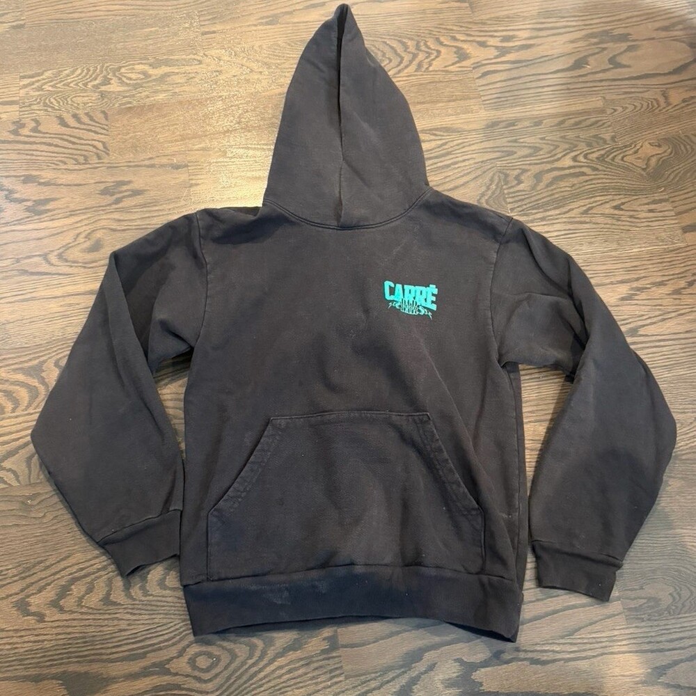 Carré Pullover Hoodie Men's Size S Black Teal Logo Kangaroo Pocket